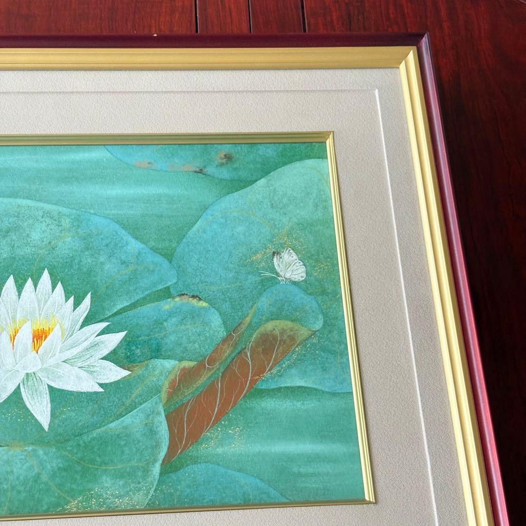 仲林敏次 日本画「朱草（睡蓮）」6号 額装 三重県出身 新興美術院会 一枚の繪G