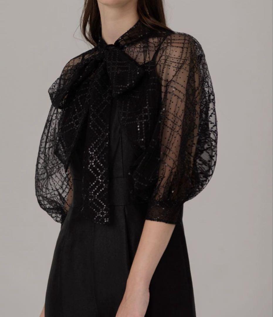 【LEJA】ドット柄スパンコールパフスリーブボレロオールインワンドレス M