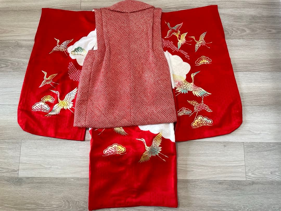 七五三　3歳　女の子　フルセット　一式　赤系　鶴　正絹