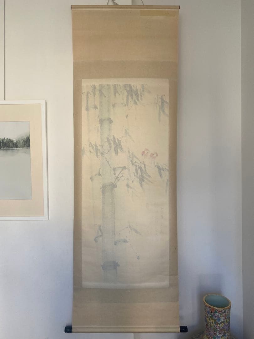 中国絵画　竹と小鳥の水墨画　掛軸　中国掛軸