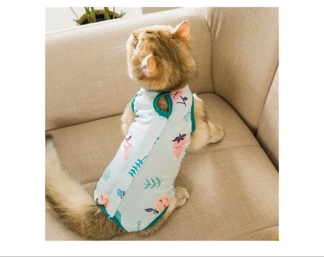 新品】猫 術後服回復スーツ 通気性抜群 舐め防止 ジャンプスーツ型グリーン