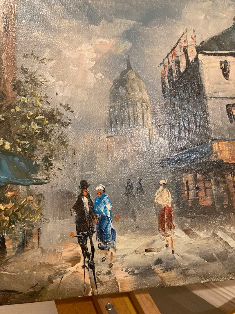 油彩画 街の風景 木製フレーム付きパリー モンマルトルの丘 カーン