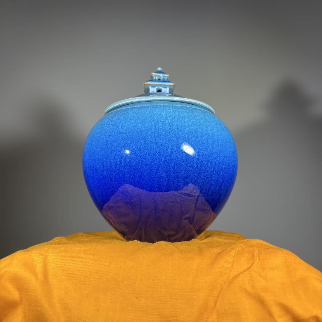 真作 木村芳郎 碧釉蓋付壷 高さ約16センチ