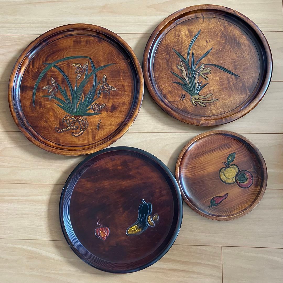 烏城彫 丸盆 4点セット 木製 手彫り 漆器 ※ 烏城彫 丸