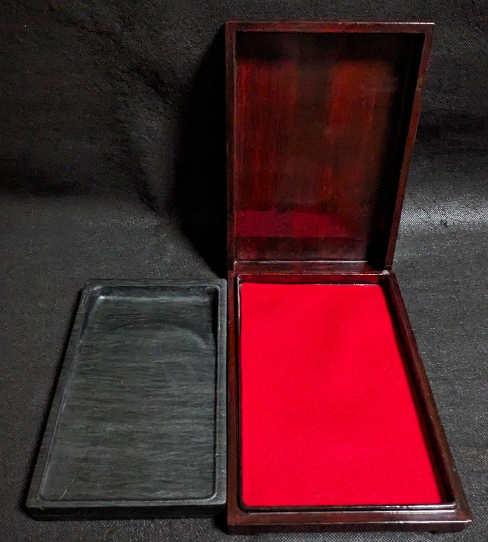 歙州硯】◇水波眉子紋・銀華紋・銀線の蒼黒美石◇約八吋◇唐木箱◇龍