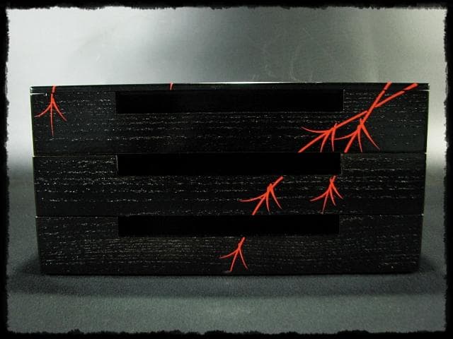 鵬雲斎好 田楽 菓子器 加州 賀峰 朱柳 掻合塗 三段重