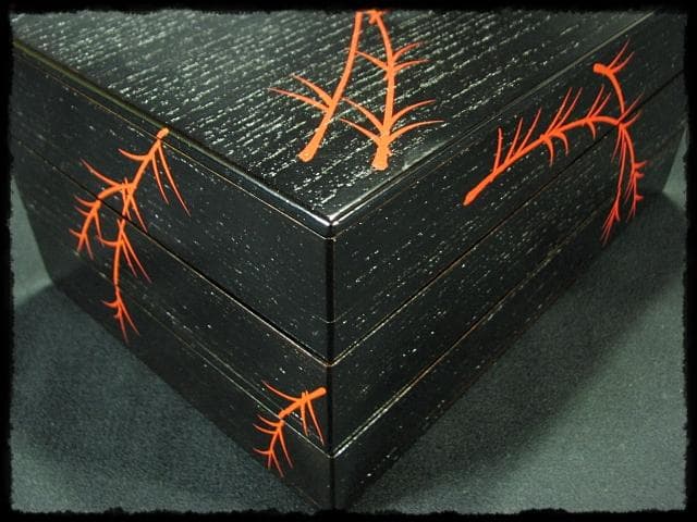 鵬雲斎好 田楽 菓子器 加州 賀峰 朱柳 掻合塗 三段重