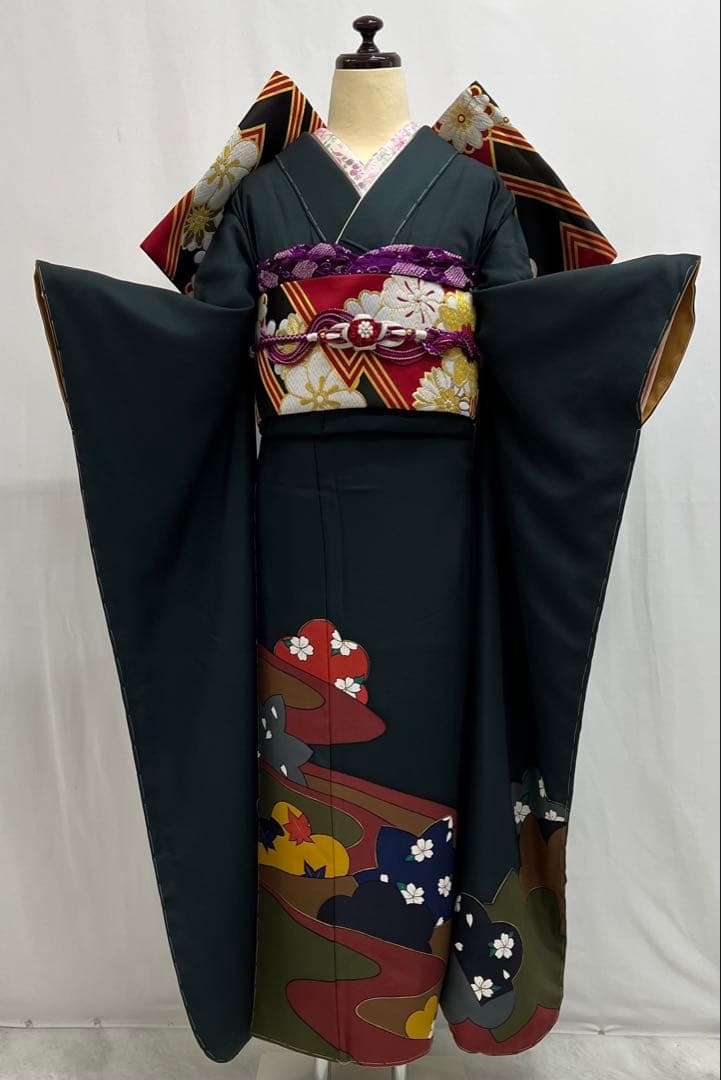 振り袖フルセット 玄才金彩しつけ付成人式深緑全通長尺袋帯590