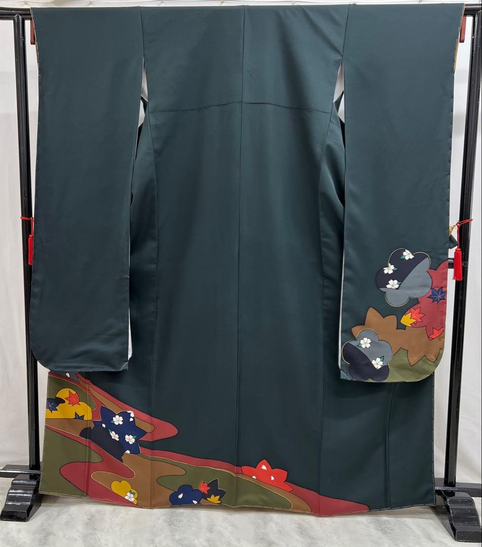 振り袖フルセット 玄才金彩しつけ付成人式深緑全通長尺袋帯590