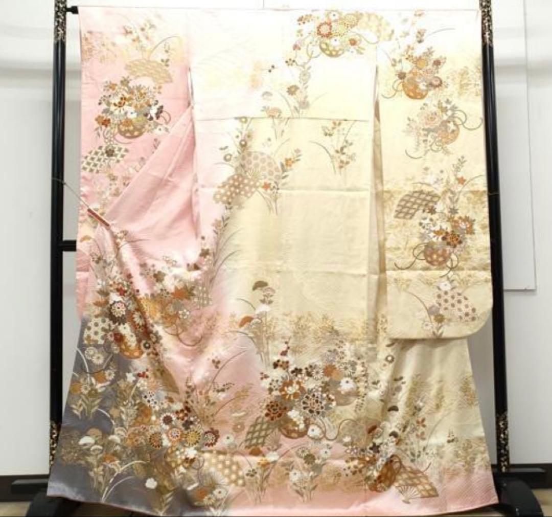 振袖フルセット6点サイズM〜L花籠文 暈し染め 金彩
