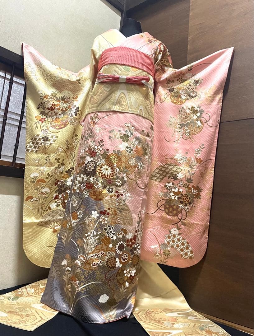 振袖フルセット6点サイズM〜L花籠文 暈し染め 金彩