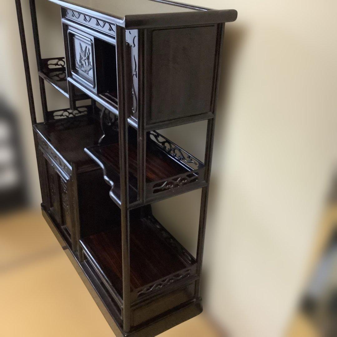 美品 レトロ 飾り棚 違い棚 茶棚 茶道 紫檀 木製 和家具 彫刻