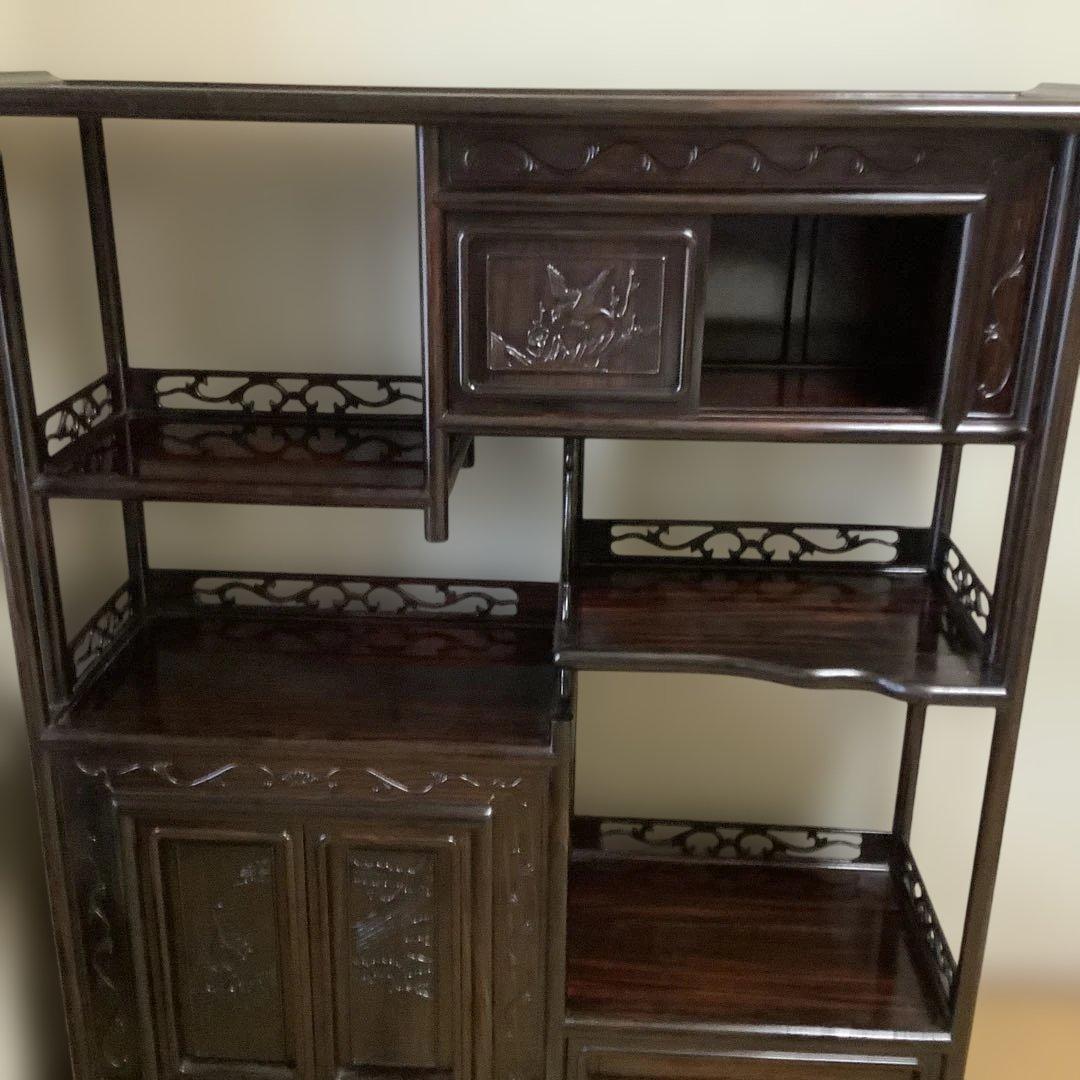 美品 レトロ 飾り棚 違い棚 茶棚 茶道 紫檀 木製 和家具 彫刻