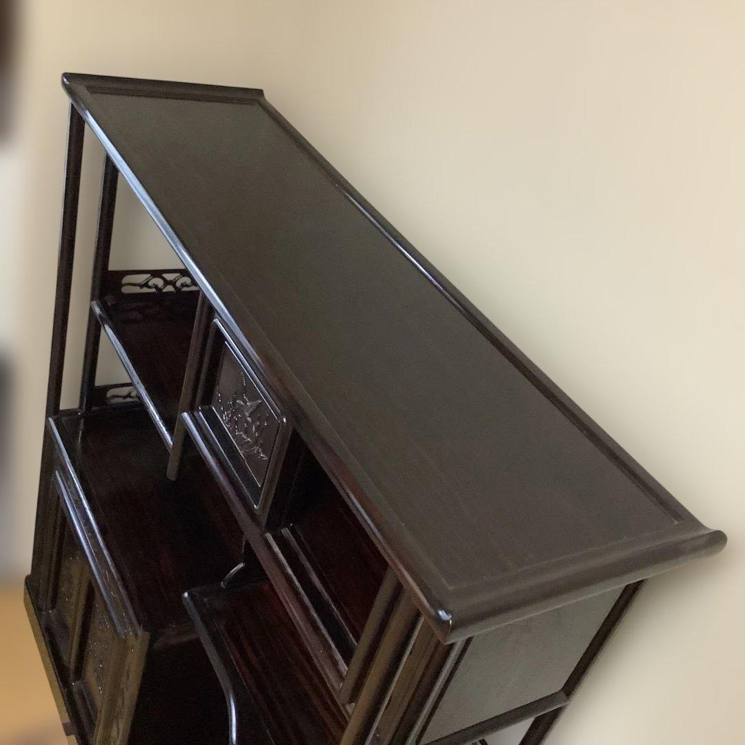 美品 レトロ 飾り棚 違い棚 茶棚 茶道 紫檀 木製 和家具 彫刻