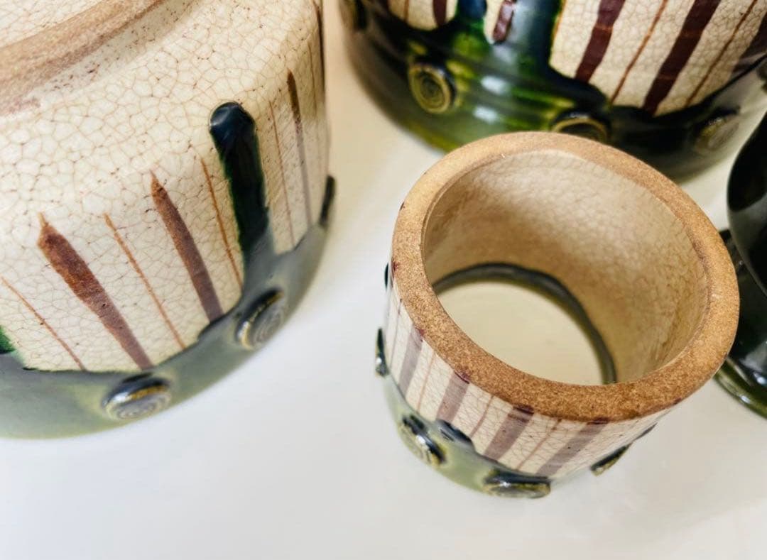 加藤六兵衛作☆皆具 織部 水指 蓋置 建水 柄杓立