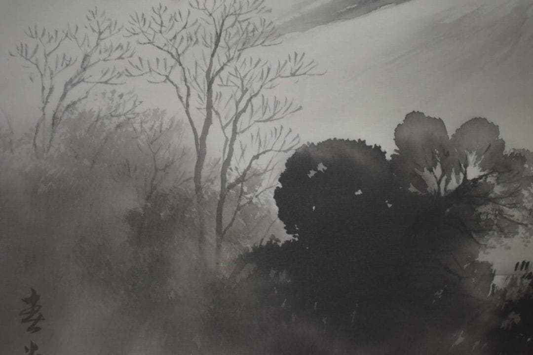 真作/春堂/水墨山水図/横物/桐共箱付/布袋屋掛軸HJ-25