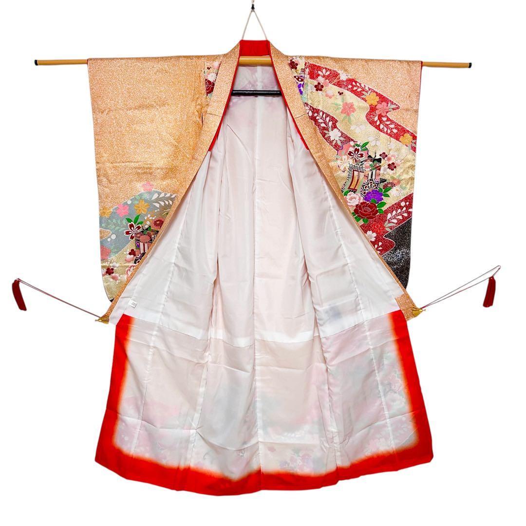 着物　七五三　7歳　女の子　13点　フルセット　オレンジ　御所車　花文　吉祥文様