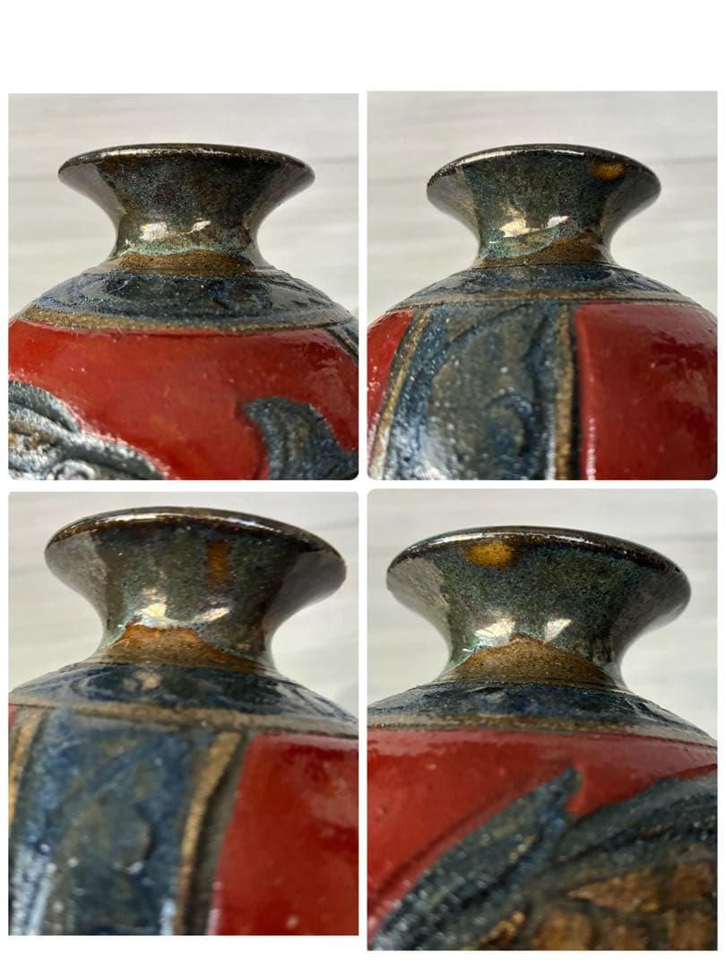 壺屋焼 小橋川清正 赤絵 魚紋 花瓶 沖縄 花器 インテリア 壺 工芸品