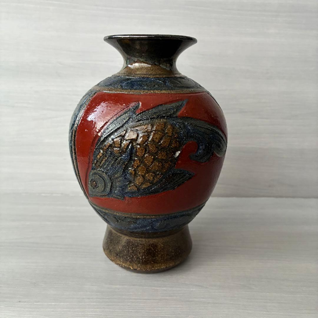 壺屋焼　小橋川清正　赤絵　魚紋　花瓶　沖縄　花器　インテリア　壺　工芸品