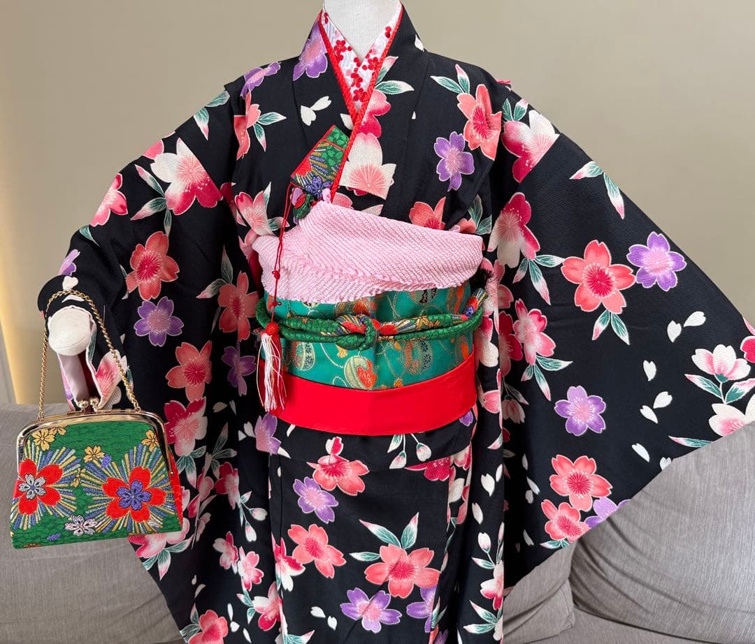 七五三着物帯セット　7歳　黒花柄
