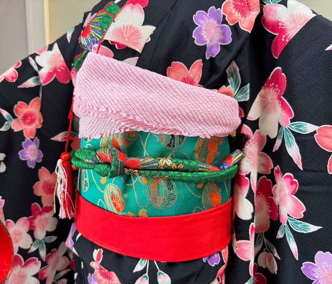 七五三着物帯セット　7歳　黒花柄