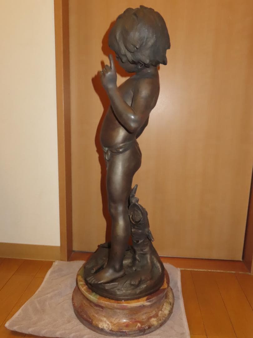 フランス彫刻家オーギュスト・モロー「少年と小鳥」 ブロンズ像 銅像