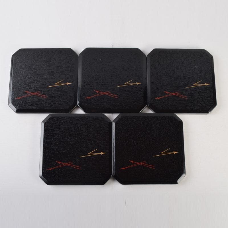 和食器　黒漆　松葉蒔絵　柿合　折曲重箱　5点　C　8573A