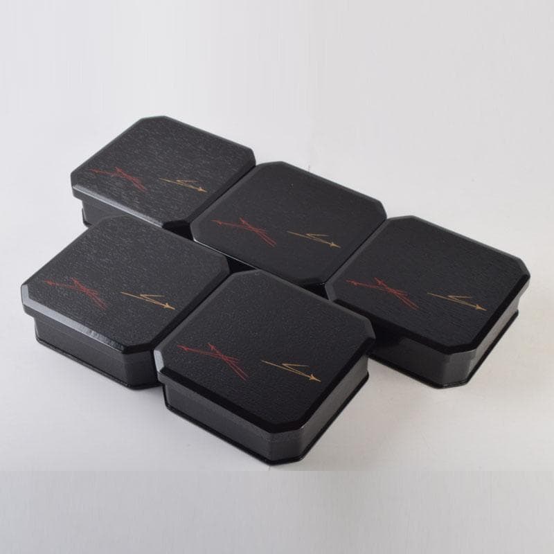 和食器　黒漆　松葉蒔絵　柿合　折曲重箱　5点　C　8573A