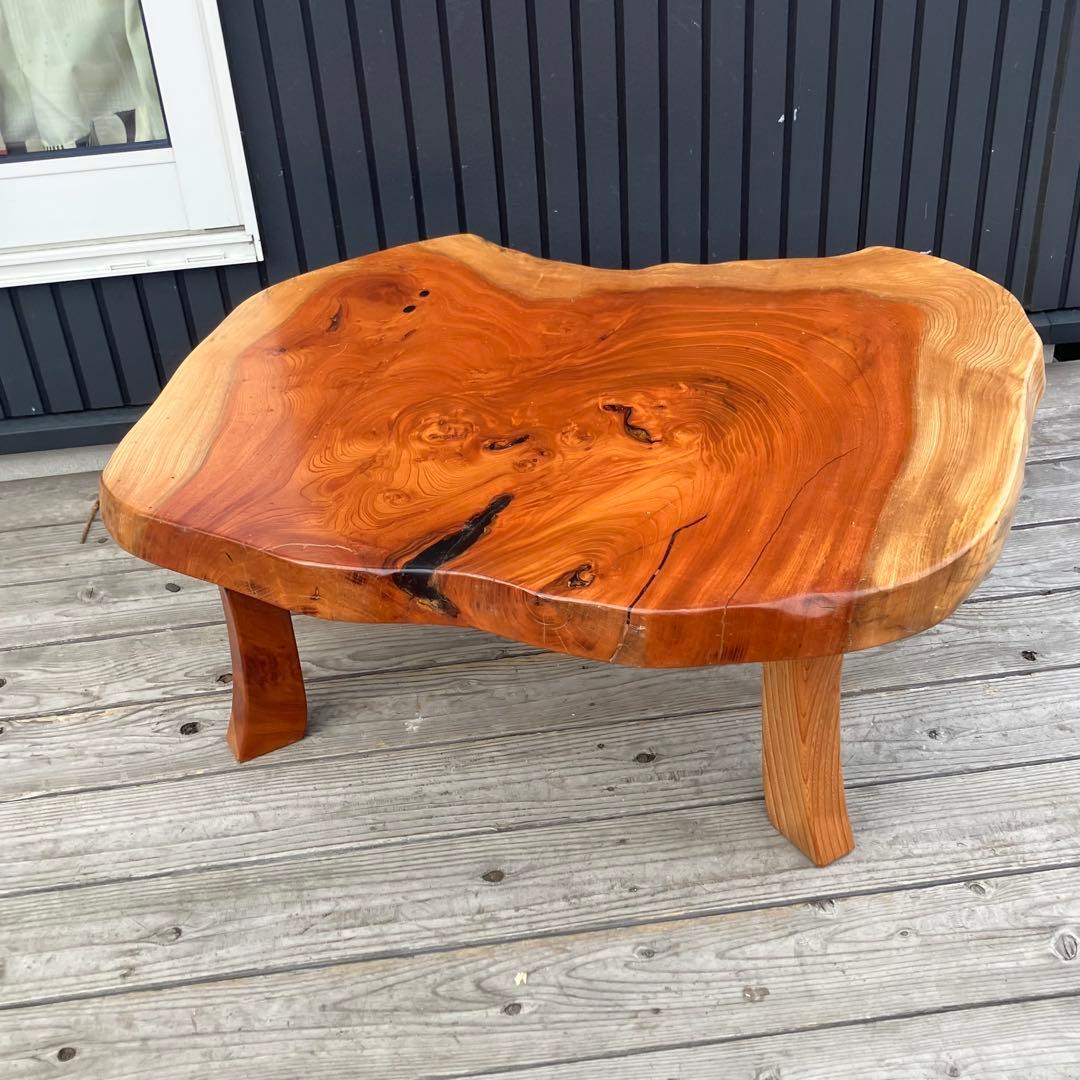 ①昭和レトロ 木製 天然木 欅材 一枚板 脚付き 座卓 センターテーブル