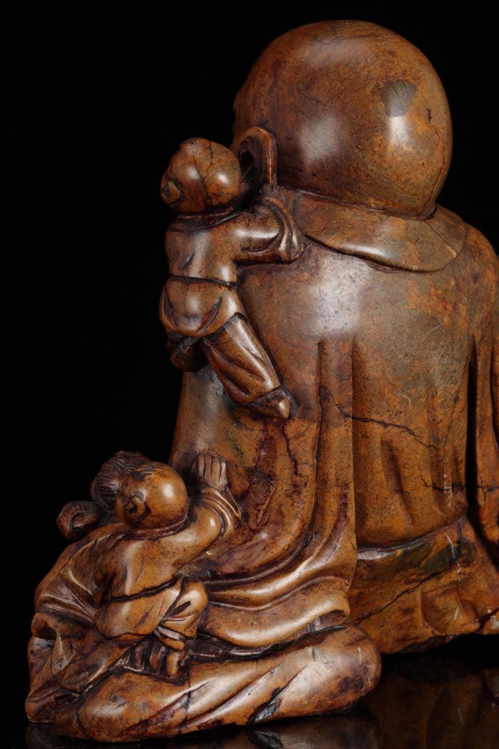 石彫 布袋尊 童子戯れ 置物 高さ21cm 七福神 縁起物 仏像 古美術 骨董