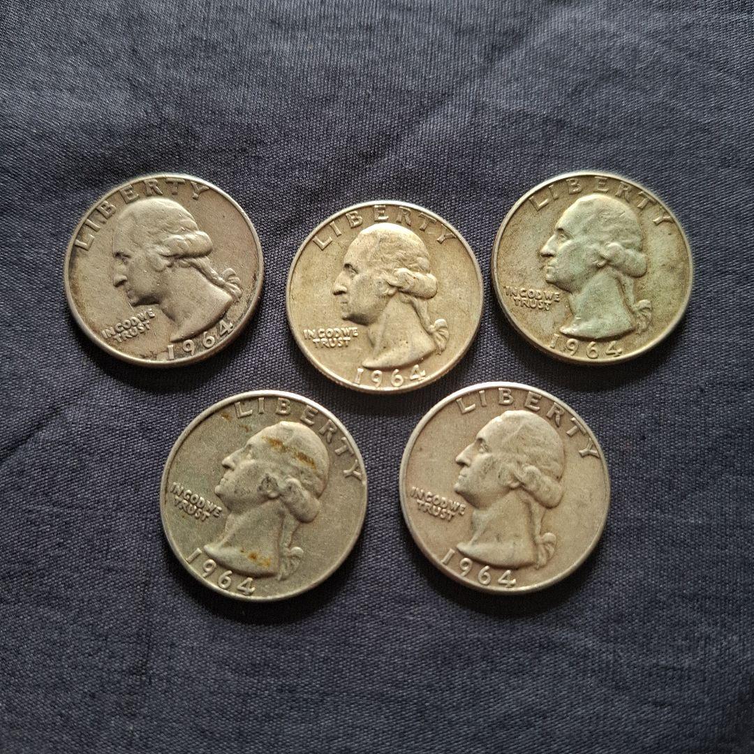 アメリカ、1964年発行の25セント銀貨(銀90％)、5枚