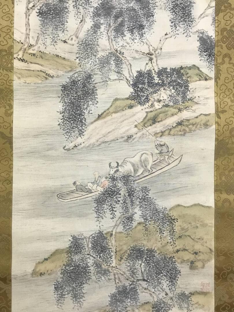 真作/田能村竹田/春晩渡江図/画賛/山水図/掛軸☆宝船☆