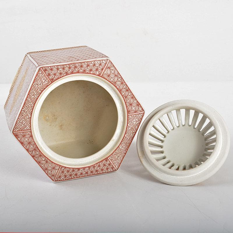 茶道具 九谷焼 西野昭弘 昭月造 本金赤細書小紋 香炉 共箱 U R6040