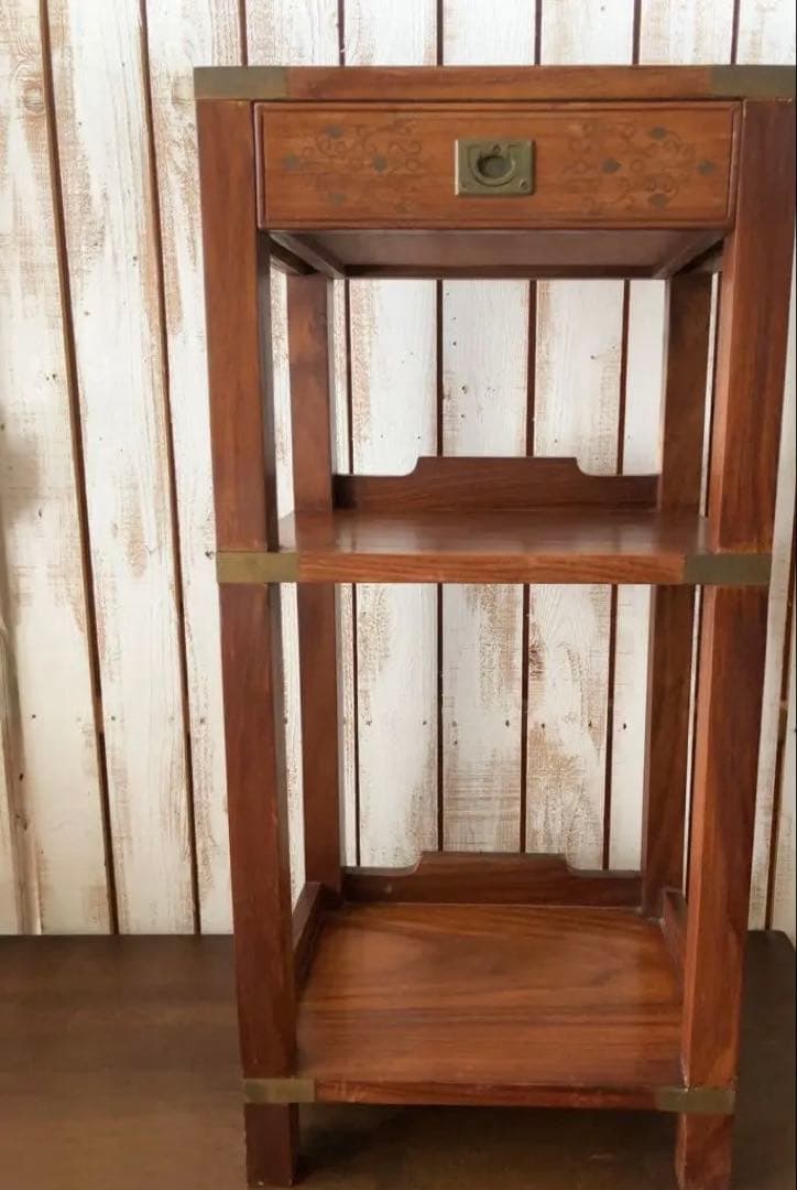 ヴィンテージ 真鍮金具 装飾 木製ラック 3段 引き出し付き ブラウン