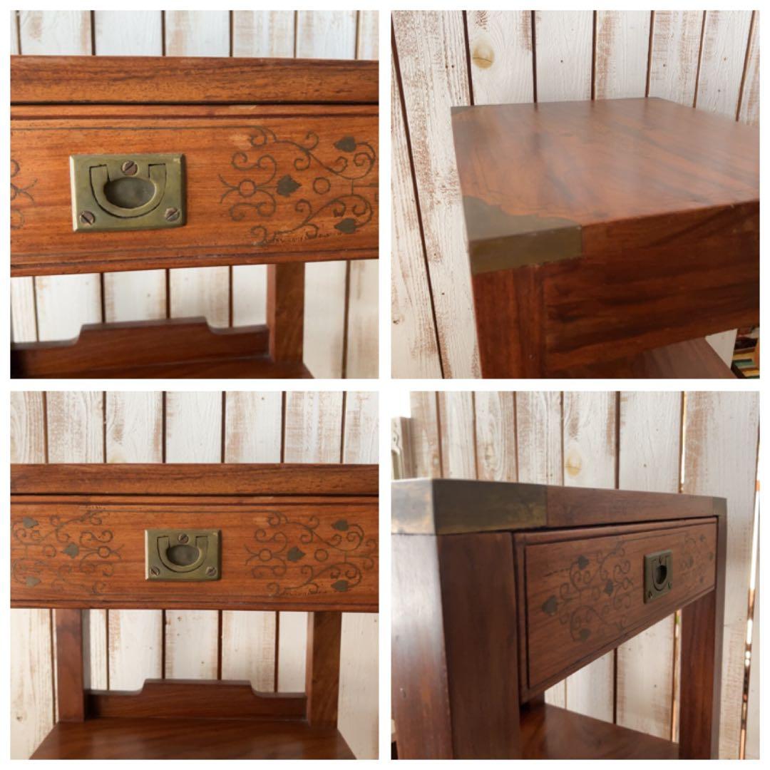 ヴィンテージ 真鍮金具 装飾 木製ラック 3段 引き出し付き ブラウン