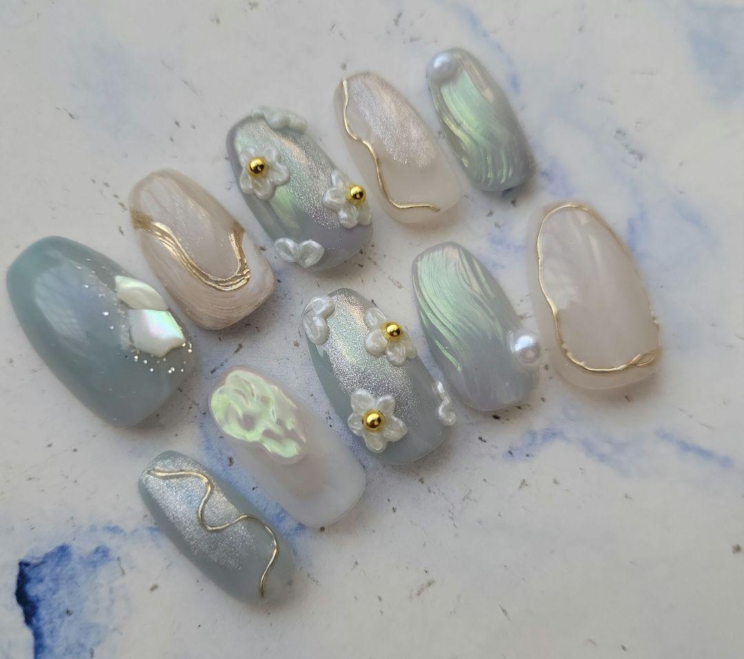 ネイルチップ 現品 フラワー ブルー グレー ニュアンス マグネット