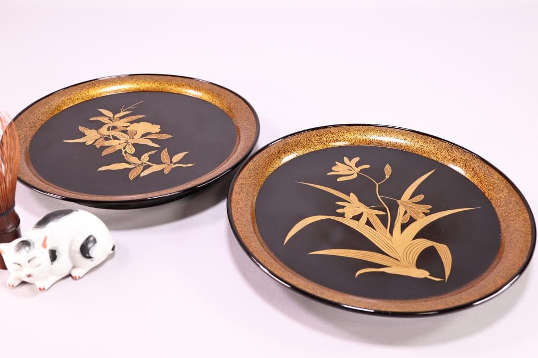 輪島塗 菓子盆 四枚セット 輪島塗 図替草花蒔絵 二客 吸物盆 菓子