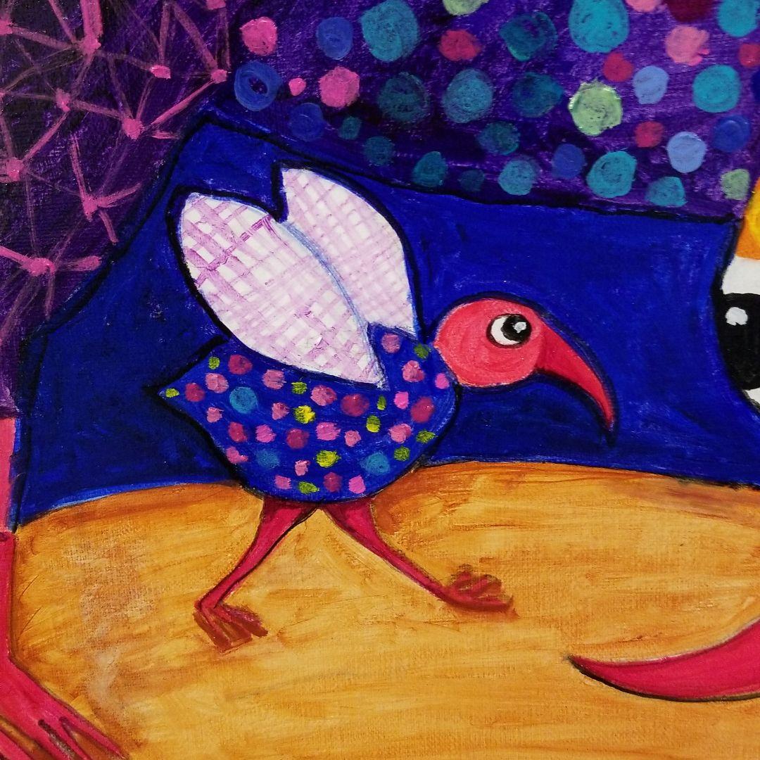 油絵 けい様専用 羽ばたく練習を見る鳥