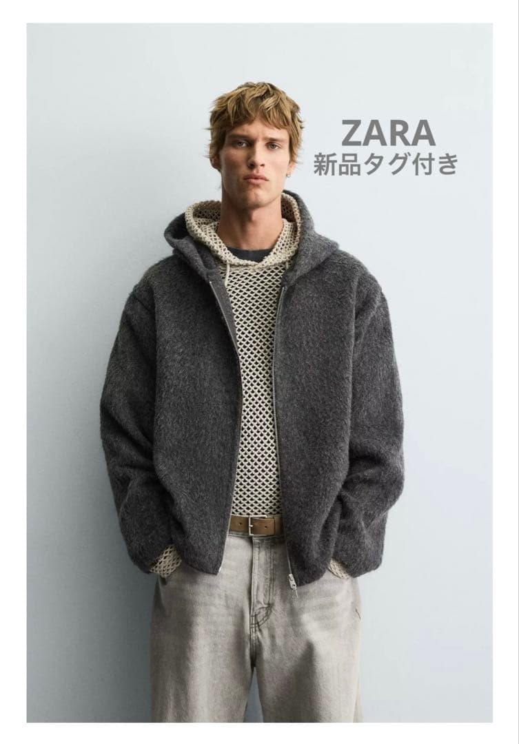 完売品】 グレー ZARA フェイクファーシャツジャケットフード付き M