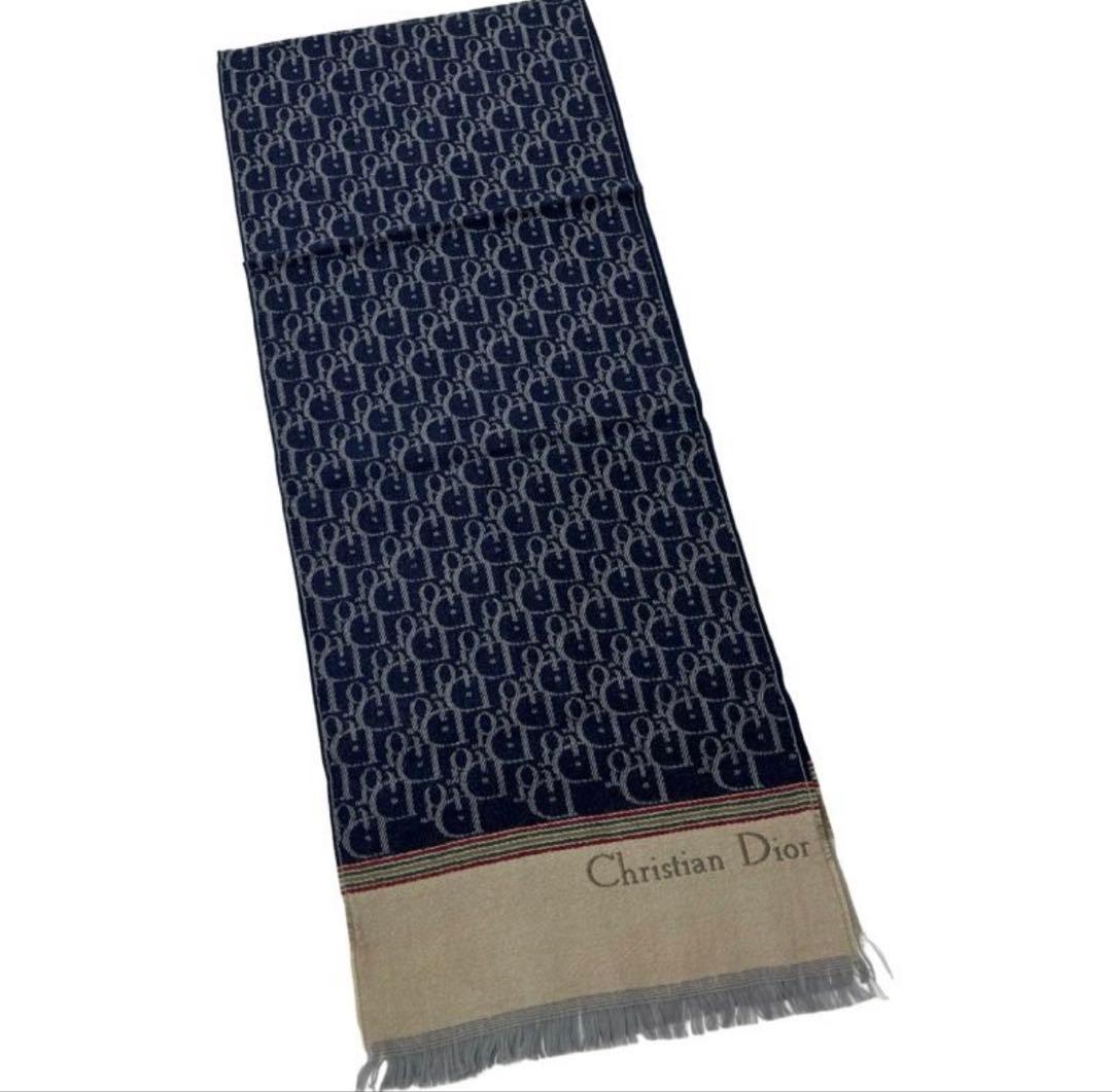 ChristianDiorトロッター柄総柄ウールマフラーブルー系