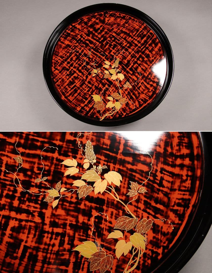 M851/ 木製漆器 草花絵変蒔絵 足付円形膳 五客 根来 黒塗 / 丸輪島加賀