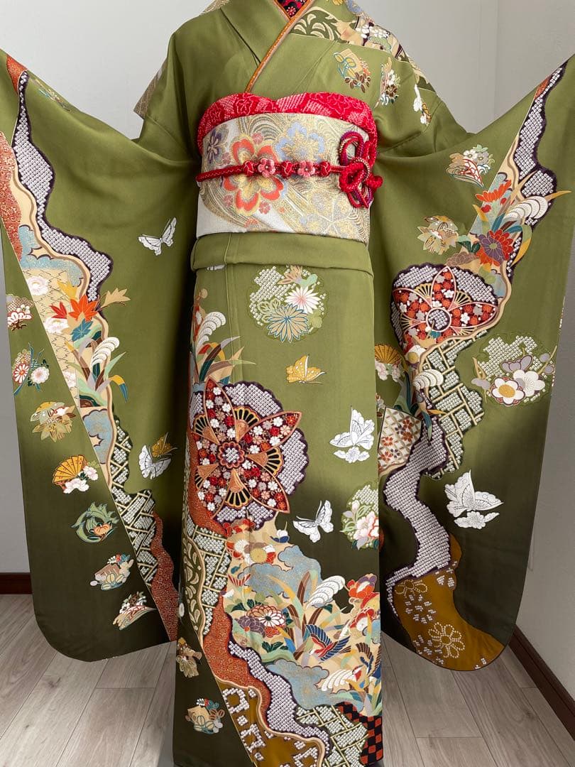 最終価格❕》振袖フルセット（7点）＋ファー付き 正絹振袖 緑系 成人式