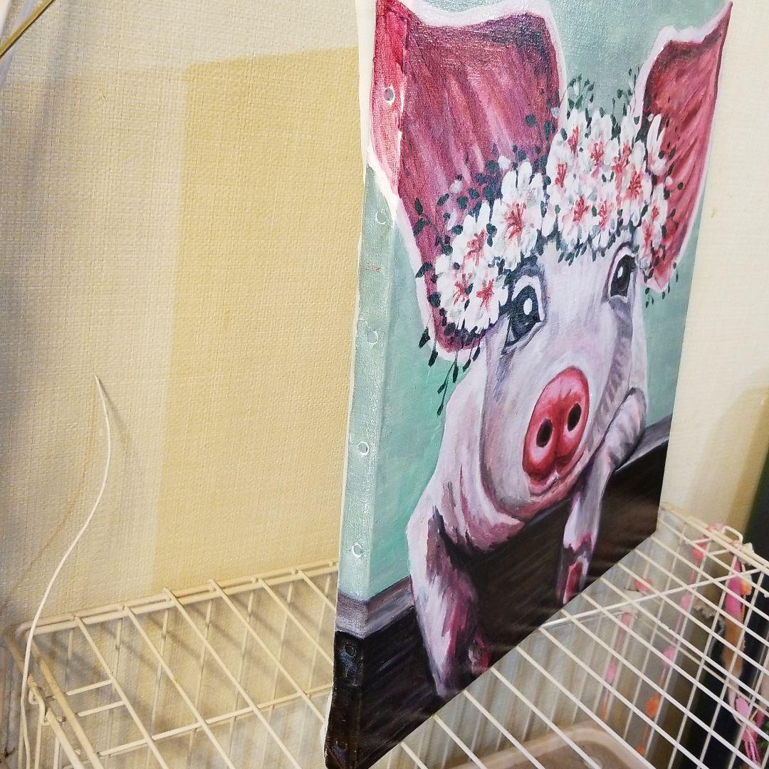 油絵 専用 頭に花をのせた豚