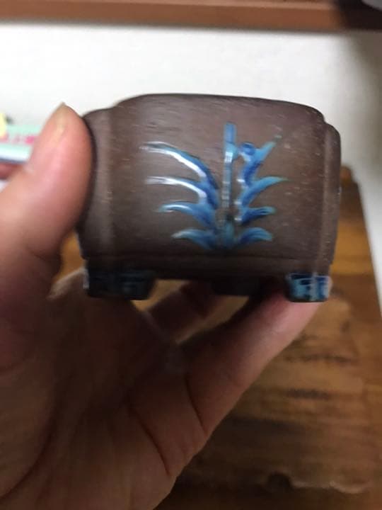 盆栽鉢 時代 陶翠 彩交趾黒泥隅入長方鉢