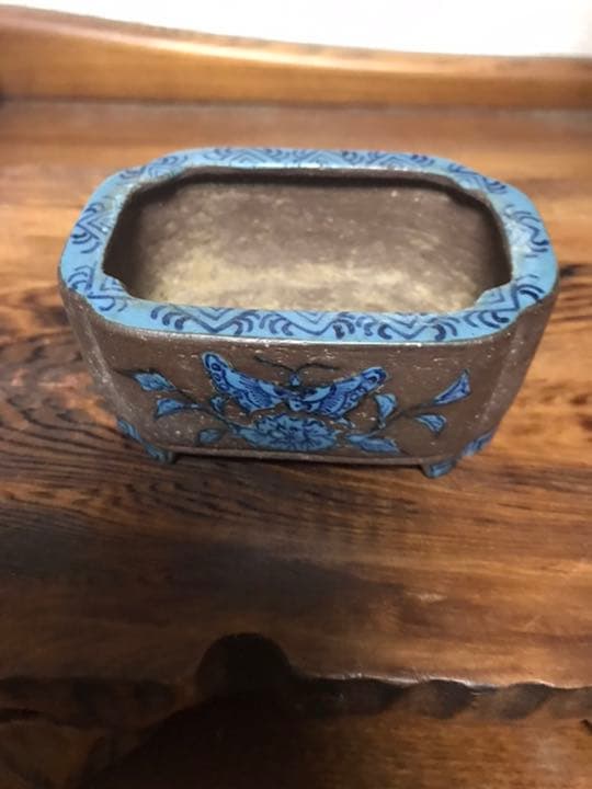 盆栽鉢 時代 陶翠 彩交趾黒泥隅入長方鉢