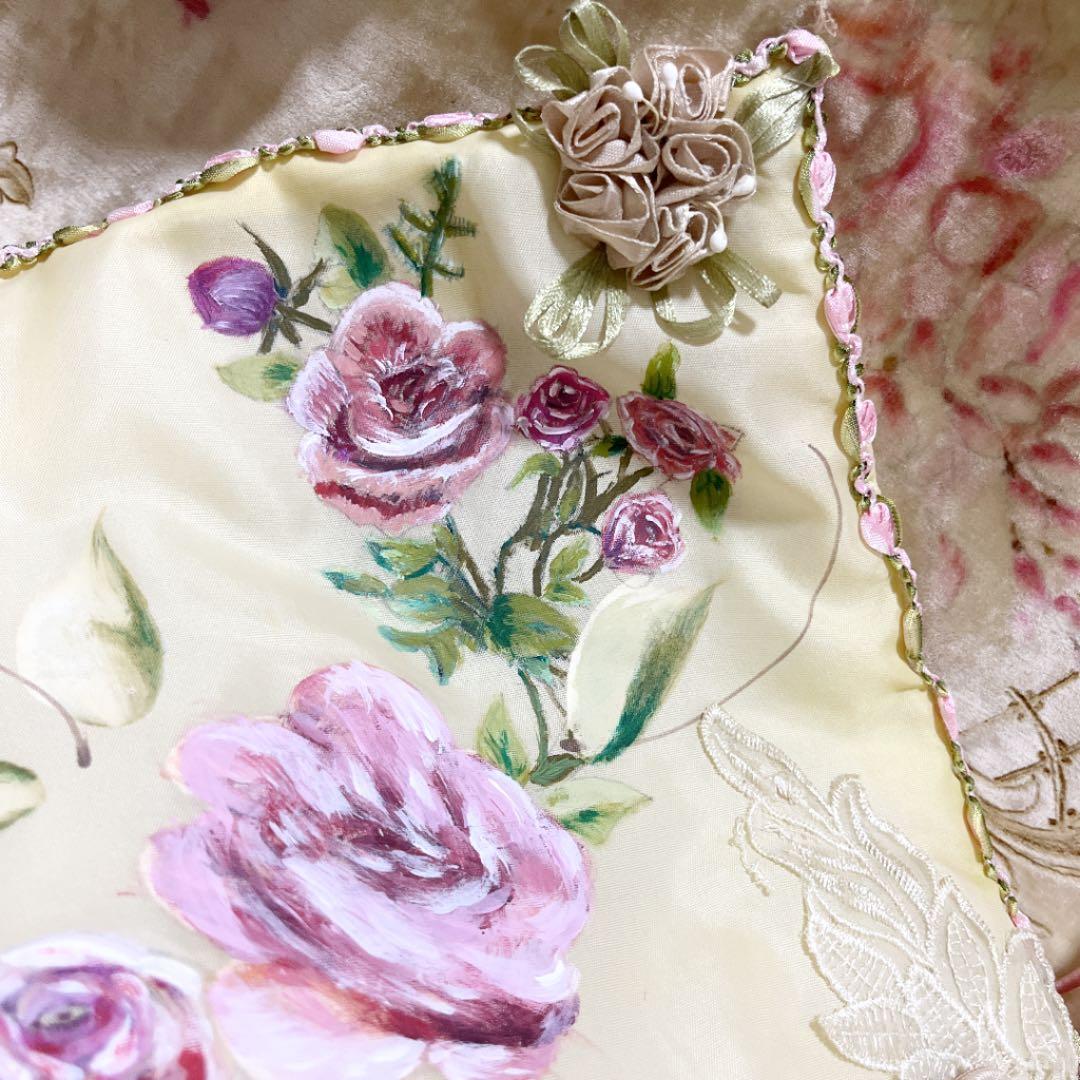 アンティーク ロココリボン 手描きピンクローズ