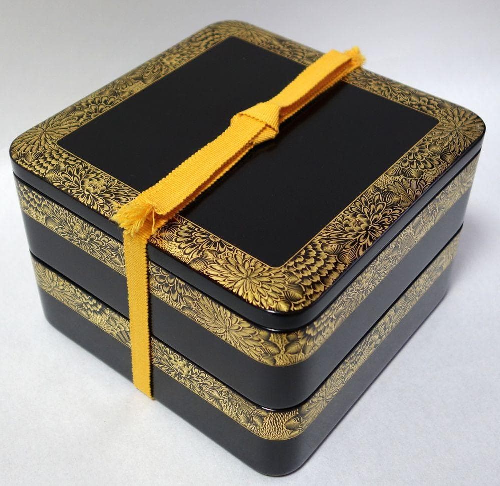 輪島塗 未使用 沈金菊文様 二段重箱