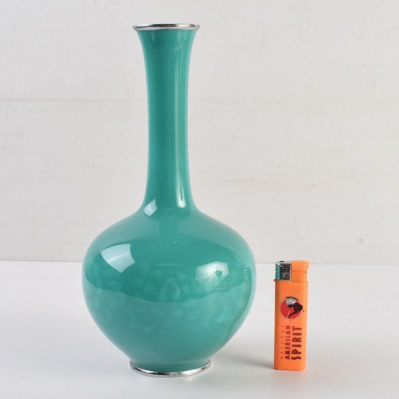 七宝焼 安藤七宝店 緑釉 花文 花瓶 合わせ箱 C 工場 R9385H