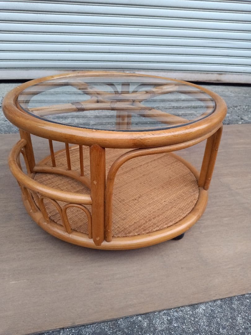 アジアン・バリ家具 木製ガラストップ円形テーブル ローテーブル 円形