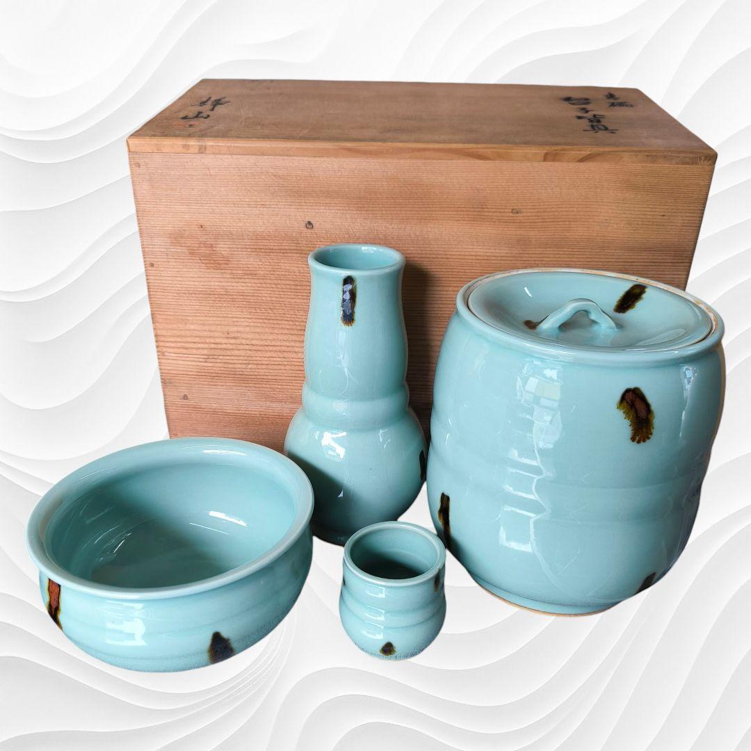 極美品✿皆具 飛青磁 静山窯 木箱付き 茶道具✿古道具 水差し 杓立 建